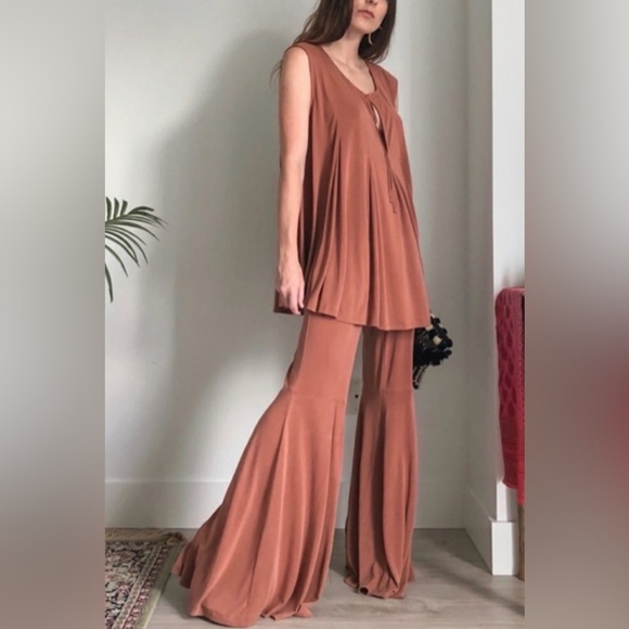 Free People 2-Piece Sasha Lounge Set Flowy Tunic Top & Flare Pants Brown L - Picture 2 of 11